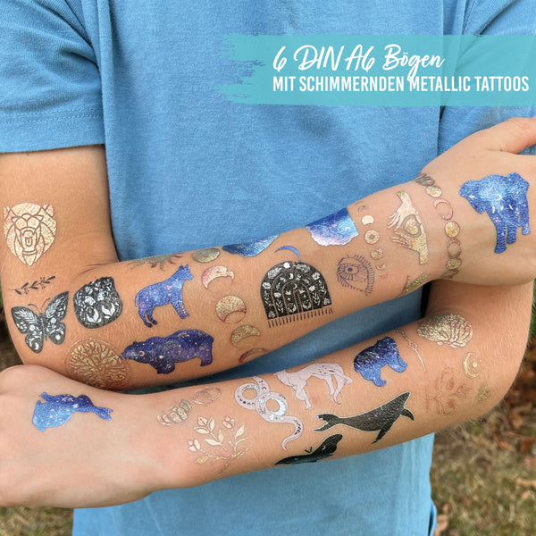 Temporary Tattoos - Metallic Glitzer – Sonne, Mond und Sterne | Kindertattoo Set