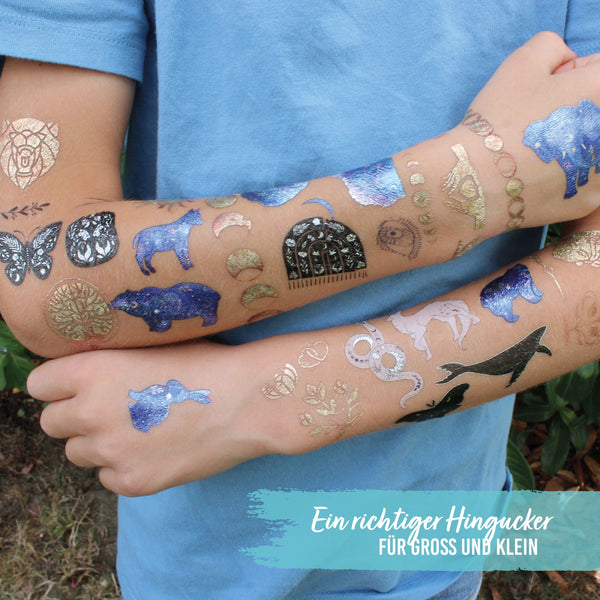 Temporary Tattoos - Metallic Glitzer – Sonne, Mond und Sterne | Kindertattoo Set