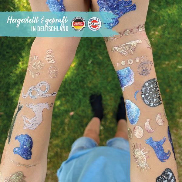 Temporary Tattoos - Metallic Glitzer – Sonne, Mond und Sterne | Kindertattoo Set