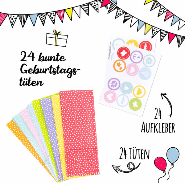 Papierdrachen 24 Partytüten - bunte Gastgeschenke