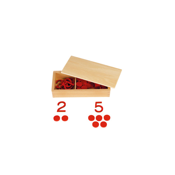 Montessori Ziffern und Chips in Holzbox