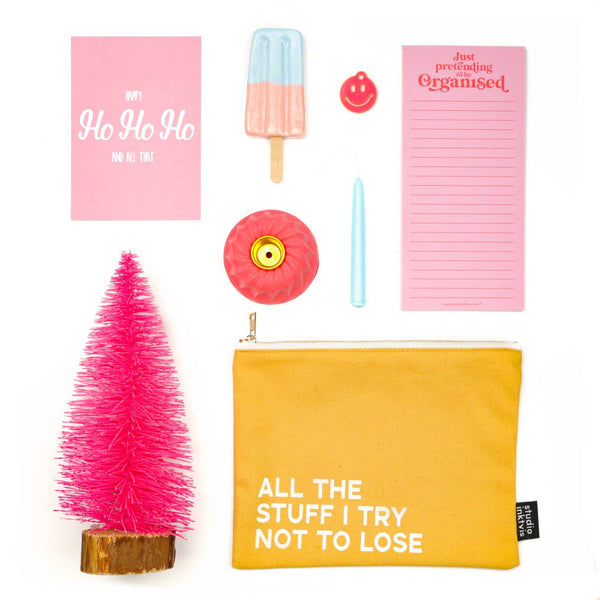 Stoffbeutel "ALL THE STUFF I TRY NOT TO LOSE" senfgelb