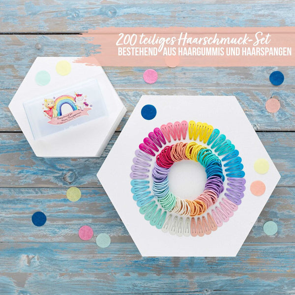 Regenbogen Haarspangen + Zopfgummi (200 Teile) Set klein