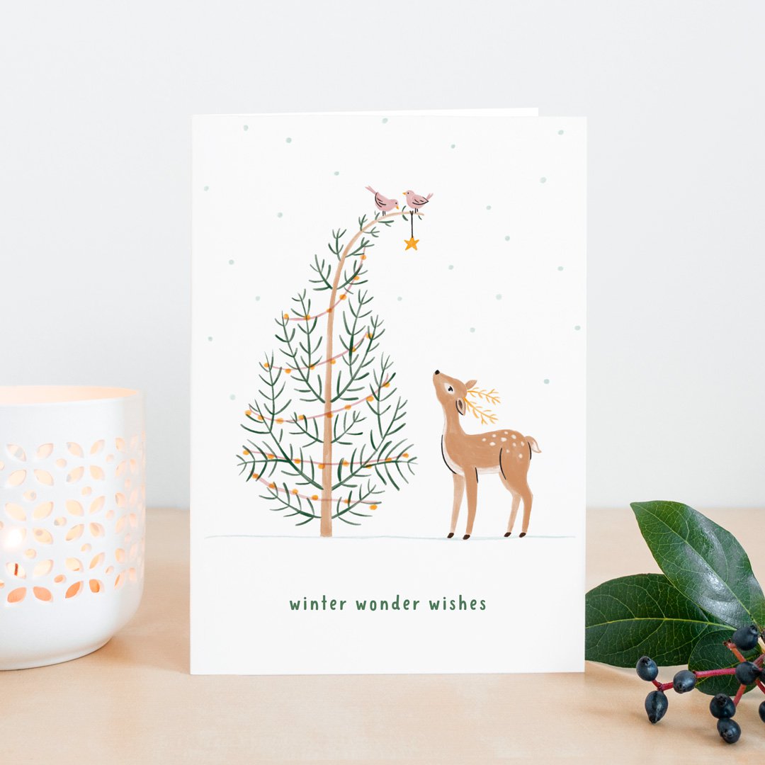 Weihnachtskarte *winter wonder wishes* Waldtiere Hirsch