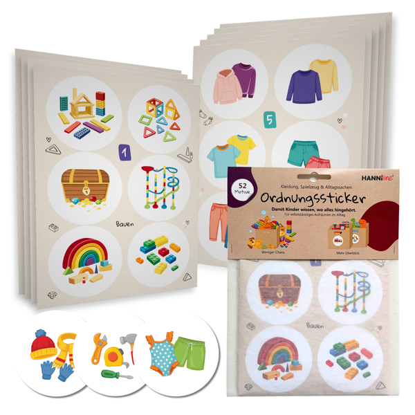 Ordnungssticker fürs Kinderzimmer | 52 Sticker |  Ø6,5 cm |