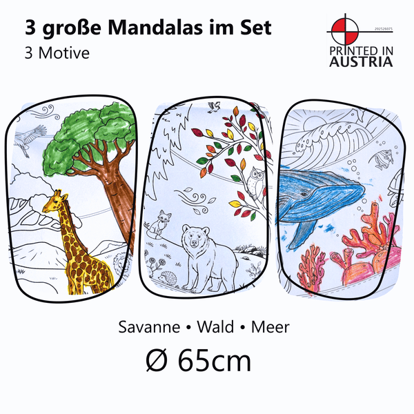 XXL Mandala Tiere | Ausmalposter Kinder | 3 Motive | Ø 65cm