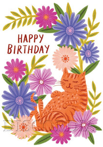 Grußkarte *Happy Birthday* Katze mit Blumen