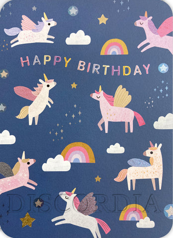 Grußkarte *HAPPY BIRTHDAY* rosa Einhörner und Regenbogen