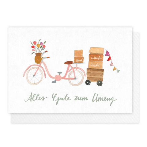 Grußkarte *Alles Gute zum Umzug* Fahrrad mit Umzugskartons