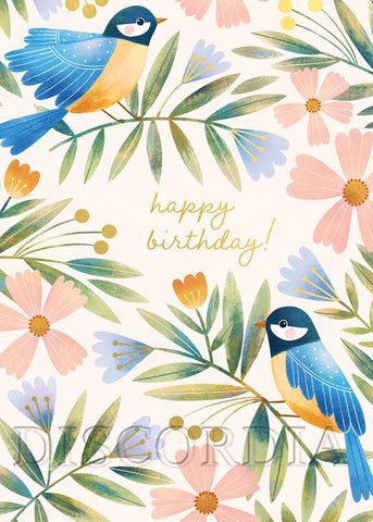 Grußkarte *Happy Birthday* Vögel hell