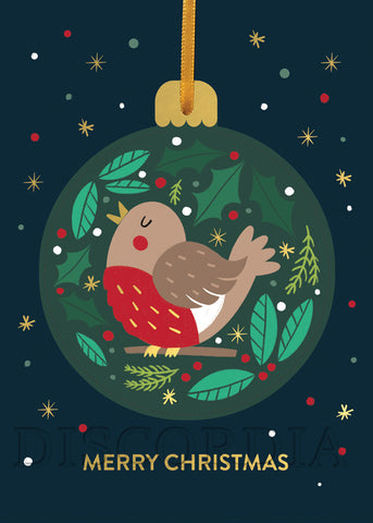Weihnachtskarte *Merry Christmas* Rotkehlchen Kugel